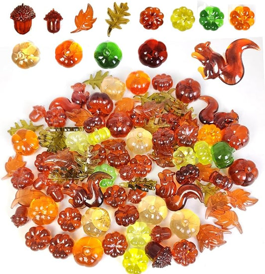 HappyFiller Fall Vase Filler Decorative Acrylic Pumpkin Squirrel Acorn Leaves Gems 7 Styles 90 PCS for Party Table Scatters,Harvest Thanksgiving Decoration,Home Decor Accents,Sensory Bin Fillers