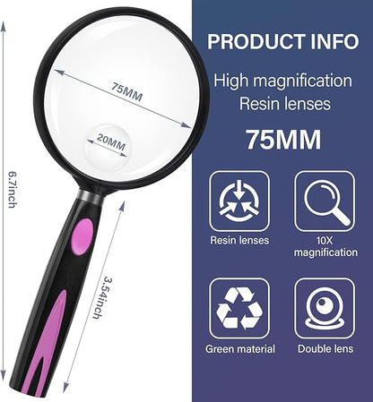 Feosky Handheld Reading Magnifier, 10X 30X Magnifier, 75mm Shatterproof Lens, Non-Slip Handle for Adults Close Work, Seniors Reading and Kids Nature Exploration, Hobby Observation(Purple/Black)