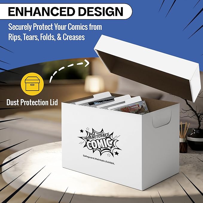 Premium Comic Book Storage Box | 22 Boxes with 6 Dividers (Each Box Stores Up to 175 Comics) - Short Stackable Design with Dust Protection Lid | Strong Structure & Acid Free Manufacturing