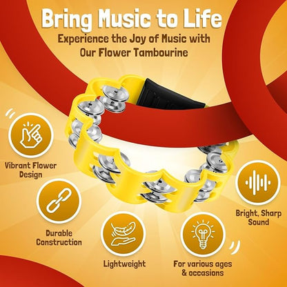 Flexzion Flower Tambourine - 8 Inch Handheld Percussion Instrument w/Metal Jingles & Ergonomic Grip - Small Tambourines for Adults, Kids, Church, Parties, & Musical Events (2 Pack - Red & Yellow)