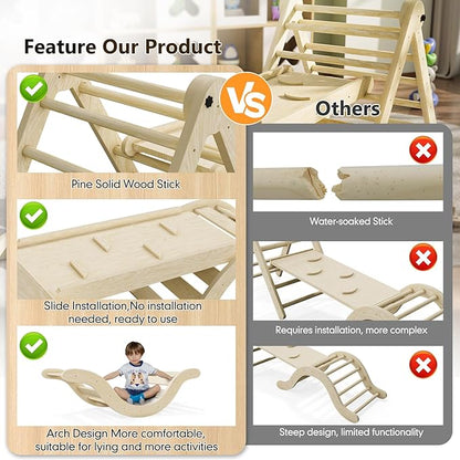Pikler Triangle Set Climber 5 in 1, Toddler Climbing Toys Indoor Folding with Ramp & Arch & Mat for Montessori Play Gym for Toddlers and Kids (Natural)(99" Wx21 Dx23 H)