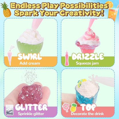 DIY Mini Drink Shop Toy, Making 24 Miniature Juice Drinks Cream Material Kit, NOT Edible, Collectible, Kitchen Pretend Play Food Toys Set, Make Your Foods, Gift for Kids Age 8+