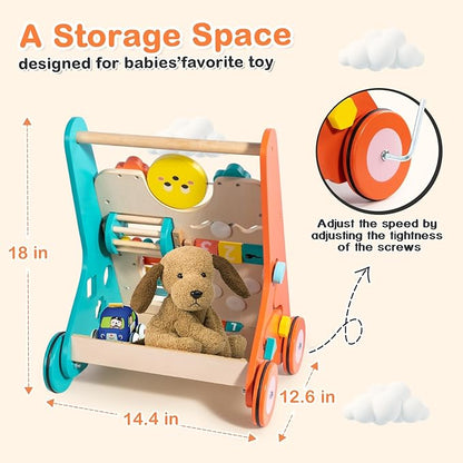 Wooden Baby Walker with Wheels, Walker for Baby Boys 6-12 Months Push Toy, Sit to Stand Activity Walker Learning to Walk
