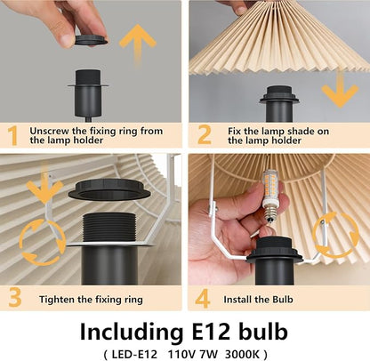 KUNJOULAM Small Pleated Table Lamp, Bedside Nightstand Lamp with Beige Lampshade Black Base, Morden Mini Lamp for Bedroom Home Office Decor, E12 Bulb Included