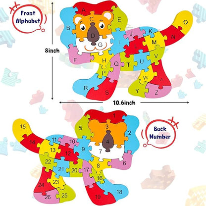 LovesTown Wooden Puzzle Learning Toys Alphabet Number Building Blocks Educational Gift for Preschool Kids Animal Lion Jigsaw 26 PCS