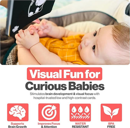 Happy Start High Contrast Baby Cards for Newborns - Black & White Cards, Water-Resistant, BPA-Free, Portable Educational Flashcards for Visual Stimulation, Award-Winning, Ages 0+ (English & Español)