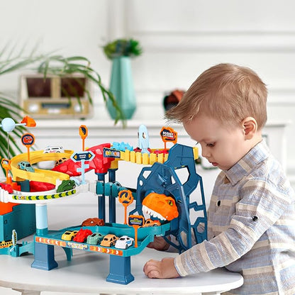 RedCrab Kids Space Car Playset Toy Ramp Track Set,Winding Highway Space Dinosaur Hill Toy,Light and Music Educational Toys for Age3+ Boys Girls with 4 Mini Cars & Map,Good Gift for Birthday Christmas