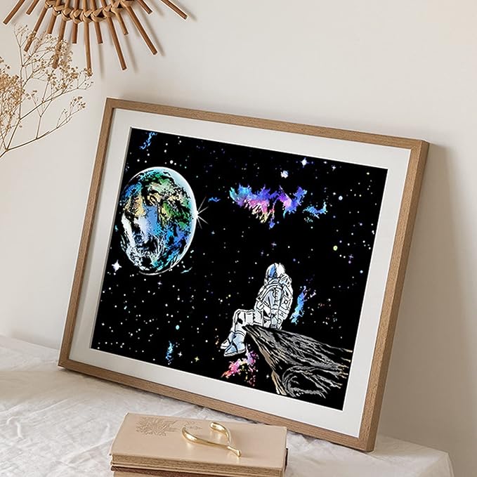 3 Pack Scratch Art Paper Set (16"x11.2") Space Series Series Creative Rainbow Sketches Engraving Craft Kit for Kids & Adults - Cosmos, Astronauts, Starry Sky Painting - 5 Tools: Drawing Pens, Brush