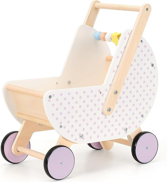 Wooden Baby Walker & Doll Stroller – Adjustable Handle Push Cart, Anti‑Tip, Quiet Wheels, Pretend Shopping Cart – Montessori Wooden Walker for Babies, Doll Stroller for Toddlers 12m+