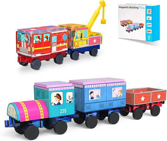 Magnetic Tiles Cars Construction Set - 30 PCS Magnetic Tiles Magnet Bricks Truck Sensory Toys, Educational Magnet Cars Set Building Blocks for 3 4 5 6 7 8+ Year Old Girls Boys Toddler
