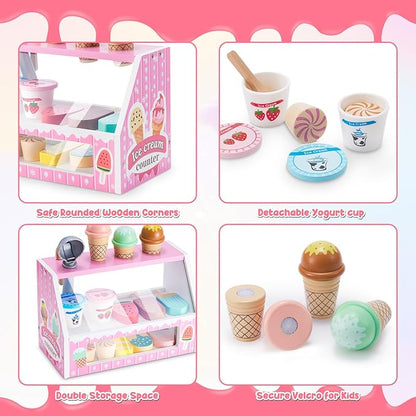 WHOHOLL Wooden Ice Cream Counter Playset for Toddler Girl Toys, Play Store Pretend Toy Food Play Kitchen Accessories with Fake Money & Coin, Gifts for 3+ Year-Old Kids (Pink)