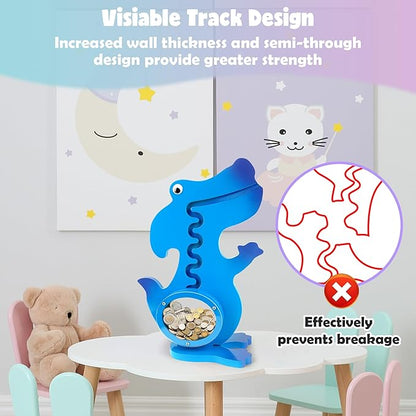 Dinosaur Piggy Bank for Kids Boys Girls, Wooden Dino Coin Bank with Large Clear Acrylic Belly, Cute Money Savings Box for Toddlers Birthday Christmas (Gradient-Blue)
