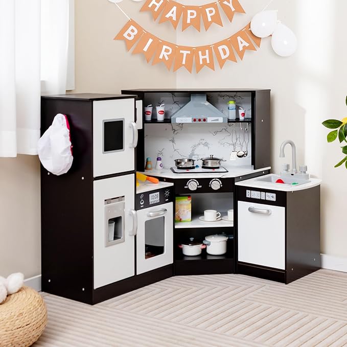 HONEY JOY Corner Kids Kitchen Playset, Modular Wooden Play Kitchen for Toddlers, Range Hood, Separated Washing Basin, Little Chef Pretend Toy Kitchen Set w/Lights and Sounds(Coffee)