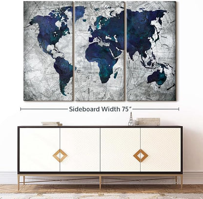 ElephantStock Deep Blue World Map Multi Piece Canvas - 3 Panel Wall Decor - Map of the World Art - Canvas for the Office and Home - 74" X 48"