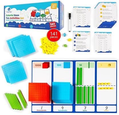 Simply magic 140+1 PCS Colorful Base Ten Blocks & Activities Set - Base Ten Blocks Classroom Set, Base 10 Math Manipulatives, Place Value Blocks Mat, Ones Tens Hundreds Blocks, Math Counters Cubes