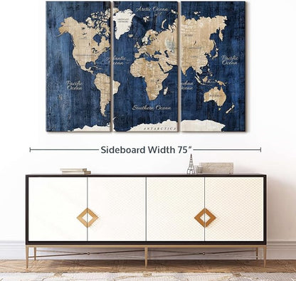 ElephantStock Aged Blue World Map II Canvas - 3 Panel Wall Decor - World Map Digital Art - Blue Wall Art - 65" X 42"