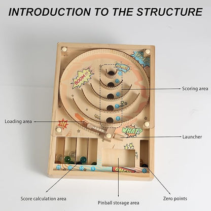 Wooden Marble Run, Marble Game, Wooden Pinball Rolling Toy, Mini Pinball Tabletop Machine with Stand, 10 Glass Marbles