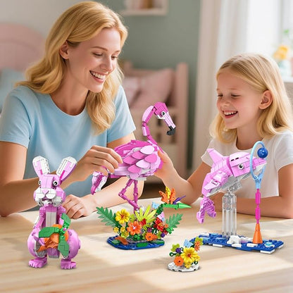 HOGOKIDS 3 in 1 Pink Flamingo Building Set with Flowers, Animal Figure with 3 Building Options - Flamingo, Bunny, or Dolphin, 558PCS Creative Easter Birthday Gift, Learning Toy for Kid Girl Boy Age 6+