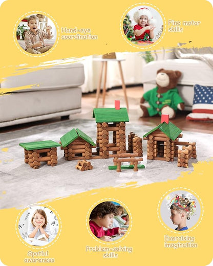 SainSmart Jr. 300 PCS Wooden Log Cabin Set Building House Toy for Toddlers, Classical STEM Construction Kit Compatible with Lincoln Logs for 3+ Kids