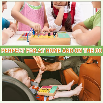 Tilhumt Busy Board with LED Light, 2-in-1 Montessori Screwdriver Board Set with 6 LED Light Switches, Toddler Montessori Switch Fidget Board with Lockable Toolbox, Travel Activity Toys for Outdoor