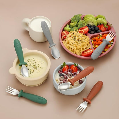 DRKIO 6 Pieces Toddler Utensils Set - Kids Silverware Set with Silicone Handle Children Safe 18/8 Stainless Steel Forks and Spoons Anti-Choke Design Food Grade Dishwasher Safe