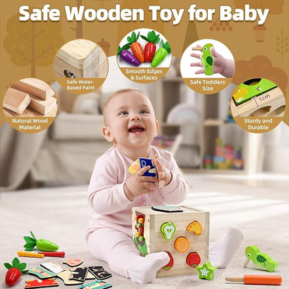 Baby Wooden Activity Cube Montessori Toys for Boys Girls Birthday Gifts, 5 in 1 Early Educational Learning Fine Motor Skill Game Toys for Toddlers Kids 18 24 Month Christmas Stocking Stuffers