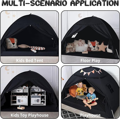 Sumbababy Full Size Bed Tent Canopy: Lights & Flags Indoor Floor Bed Kids Tent Playhouse - Space Blackout Sleeping Tents Indoor Breathable Portable Cottage Drafty Room Floor (Large Black)