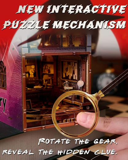 Book Nook Kit Detective, DIY Miniature Booknook Kit for Adults with LED Lights, 3D Wooden Puzzles Bookshelf Insert Decor Ideal Gifts for Men Teens Family (The Museum Mystery)