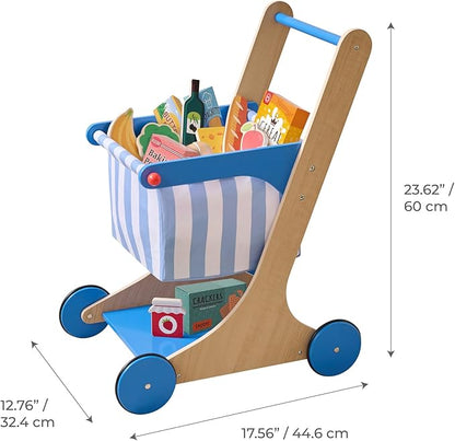 Teamson Kids Wooden Shopping Cart for Toddlers with 13 Pretend Grocery Accessories Push Walker Play Food Toy with Rolling Wheels Blue and White Striped Basket for Boys Girls Ages 3+ Safety Certified