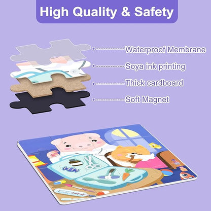 ASTARON Magnetic Puzzles for Toddlers, 12-16-25 Pieces Hairdresser/Doctor/Chef Learning Magnet Puzzles for Road Trip, Educational Travel Toys Car Plane Activities for Kids, Kids Birthday Gifts