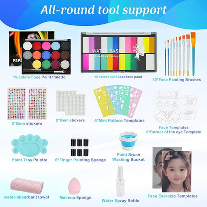 Face Painting Kit for Kids & Adults,Non-toxic Water Activated Face Paint Makeup set,Includes 18 Color+15 Color Face Paint Makeup Palette and Multiple makeup tools.Ideal for Halloween,Cosplay Makeup.