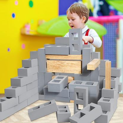 Deekin 25 Pcs Foam Brick Building Blocks and 12 Pcs Wooden Beam Foam Thick Cinder Blocks Large Fake Brick Builders Set for Construction and Stacking(Gray)