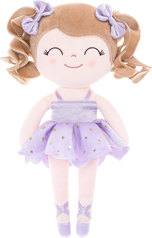 Gloveleya Baby Dolls Soft Snuggly Curly Hair Ballerina Doll First Baby Girl Gifts Plush Ballet Doll with Lace Mesh Dress Purple 14inches Ballerina Series