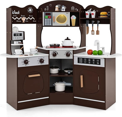 Costzon Corner Play Kitchen, Wooden Kids Kitchen Playset with Lights & Sound, Coffee Maker, Washing Machine, Oven, Microwave, Toddler Toy Kitchen for Pretend Play, Gift for Boys Girls 3+ (Brown)