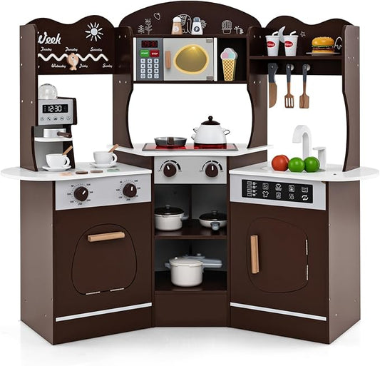 Costzon Corner Play Kitchen, Wooden Kids Kitchen Playset with Lights & Sound, Coffee Maker, Washing Machine, Oven, Microwave, Toddler Toy Kitchen for Pretend Play, Gift for Boys Girls 3+ (Brown)