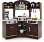 Costzon Corner Play Kitchen, Wooden Kids Kitchen Playset with Lights & Sound, Coffee Maker, Washing Machine, Oven, Microwave, Toddler Toy Kitchen for Pretend Play, Gift for Boys Girls 3+ (Brown)