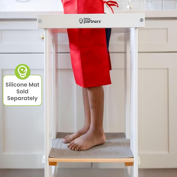 Little Partners Foldable Toddler Tower, Learning Tower Explore 'N Store Montessori Standing Kitchen Tower with Folding Step Stool Platform for Cooking and Learning, Ages 2+ (White w/Natural)