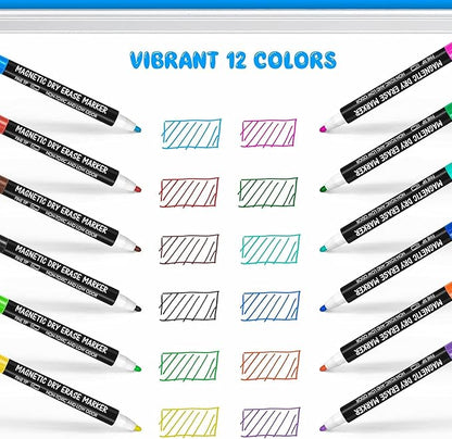 maxtek 60 Count Magnetic Dry Erase Markers, Fine Tip, 12 Colors, Low Odor Whiteboard Markers with Built-in Eraser