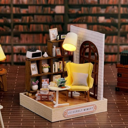 CUTEROOM DIY Doll House Miniature Furniture Wooden House Kit with Dust Cover & LED Light and Accessories-Leisure Moment