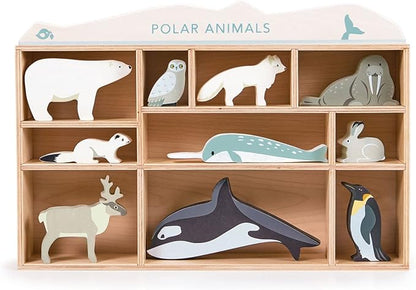 Tender Leaf Toys - Polar Animals - 10 Solid Wood Polar Animals with Shelving Unit - Made for Little Hands, Improve Hand-Eye Coordination for Boys and Girls - Age 3+