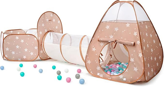 3 in 1 Pop Up Kids Play Tent with Tunnel and Ball Pit for Kids, Boys, Girls, Babies and Toddlers, Indoor/Outdoor Playhouse, Brown/Apricot