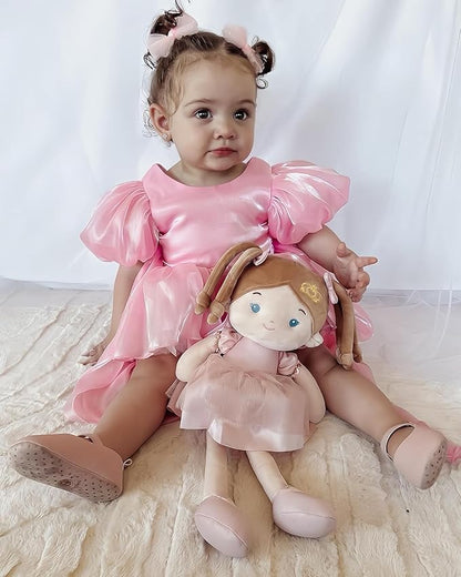 LeyaDoll Personalized Soft Baby Doll Toys for Girls (16''), My First Christmas Dolls, Leya Doll Baby Rag Doll Plush Toys for Toddler Kids Infants -Princess-Coral