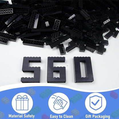 560 Pieces Black Classic Building Blocks Bulk with 2 Base Plates, Building Bricks in 7 Size, Compatible with All Major Bricks, for Kids & MOC Lovers