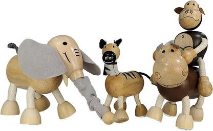 TEKOR Wooden Bendable Jungle Animal Toys (Set of 4) | Ages 3 & Up | Early Education Toy Animals for Kids | Elephant, Zebra, Hippo, Gorilla | Smooth Natural Wood | Endless Play for Girls & Boys