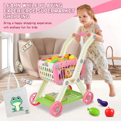 Kids Shopping Cart - 2 in 1 Toy Shopping Cart with Play Food Fruit Vegetable Dessert and Shop Accessories, 72pcs Pretend Play Grocery Store Toy Kitchen Game Trolley Play Set for Kids (Pink)