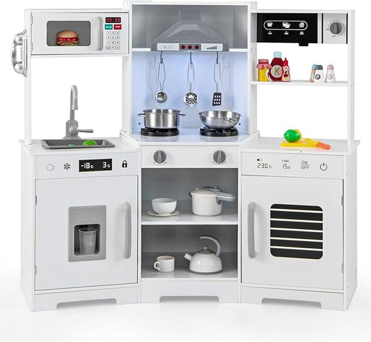 HONEY JOY Corner Kids Kitchen Playset, Wooden Toy Kitchen Set w/Lights & Sounds, Range Hood, Ice Maker & Coffee Maker, Microwave, Sink, Faucet, Little Chef Pretend Play Kitchen for Toddlers, White