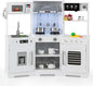 HONEY JOY Corner Kids Kitchen Playset, Wooden Toy Kitchen Set w/Lights & Sounds, Range Hood, Ice Maker & Coffee Maker, Microwave, Sink, Faucet, Little Chef Pretend Play Kitchen for Toddlers, White