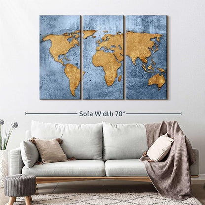 ElephantStock Azure World Map Wall Art Multi Piece Canvas - 3 Panel Wall Decor - Map of the World Art - Canvas for the Office and Home - 57" X 36"