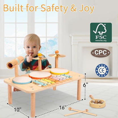 WINGYZ Drum Set for 1 Year Old Toddlers – 10 in 1 Wooden Baby Musical Toys for Kids with Drums, Xylophone, Cymbals, Bell & Tone Block, Montessori Music Instruments Gift for Ages 1-3 2-5