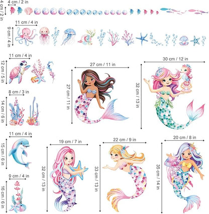 decalmile Under The Sea Mermaid Double Sided Window Clings Ocean Animal Whale Turtle Jellyfish Anti-Collision Glass Doors Window Stickers Decals